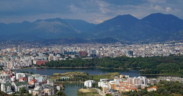 View of central Tirana with the Skanderbeg Square and surrounding mountains in the background