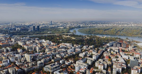 Aerial view of Belgrade, Serbia with the Danube river and city skyline