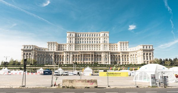 Bucharest's Palace of the Parliament seen from Calea Victoriei at dusk