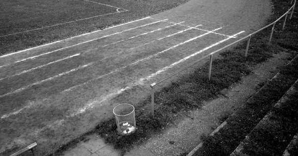 An empty high school running track in soft afternoon light