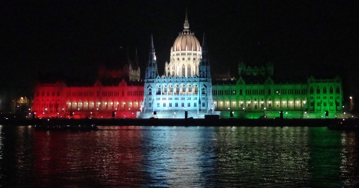 The Hungarian Parliament building seen from across the Danube on a clear morning