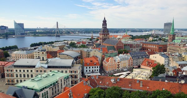 An aerial view of Riga, Latvia, with the Daugava River in the background