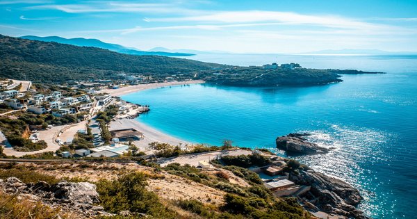 The seaside promenade and bay of Vlorë, Albania, on a summer evening