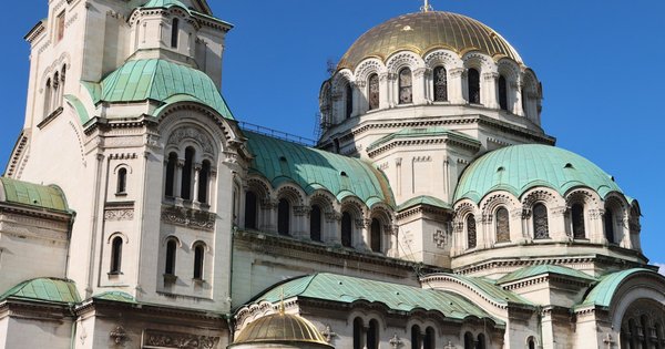 Sofia, Bulgaria — view of the city centre with the gold-domed Alexander Nevsky Cathedral