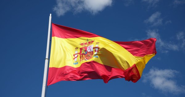 A person holding an identity document in front of a Spanish flag.