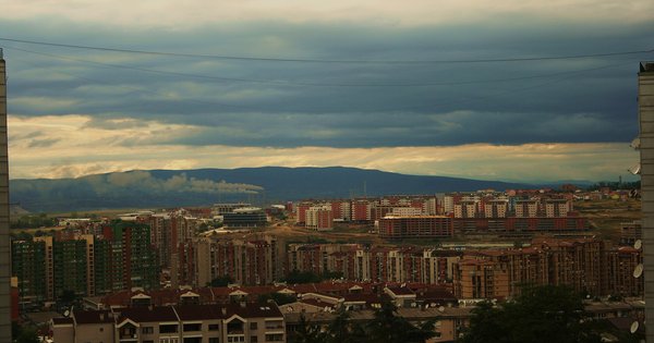The skyline of Pristina, Kosovo, with the city's landmark buildings