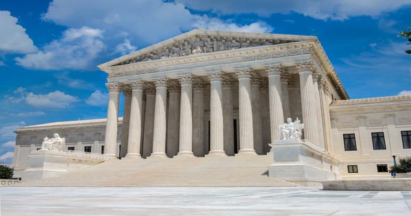 The marble facade of the United States Supreme Court building in Washington, DC