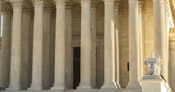 The marble facade of the United States Supreme Court building in Washington, DC