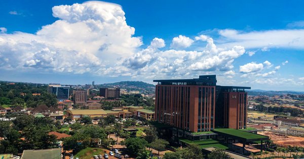 An aerial view of a city skyline in Uganda