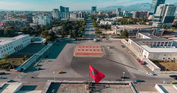 An aerial view of Skanderbeg Square in Tirana, Albania